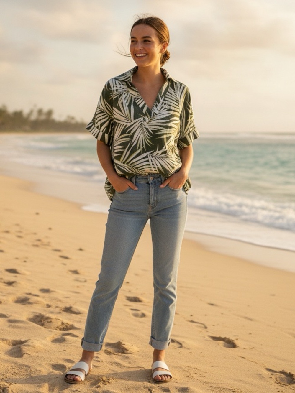 Maison Jules Olive Green and White Palm Leaf Print Blouse Split V-Neck Linen